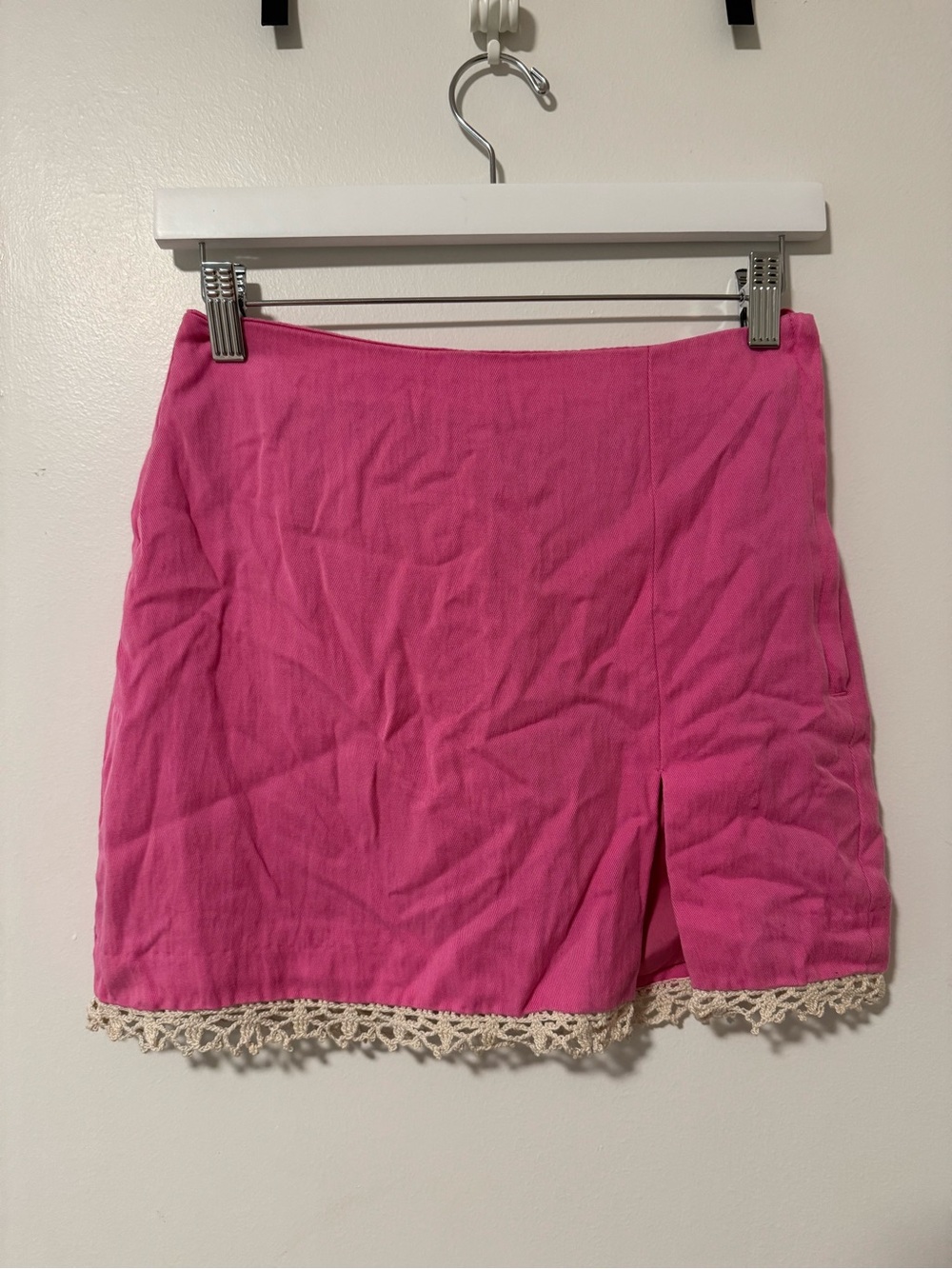Bright Pink Mini Skirt with Cream Lace Trim